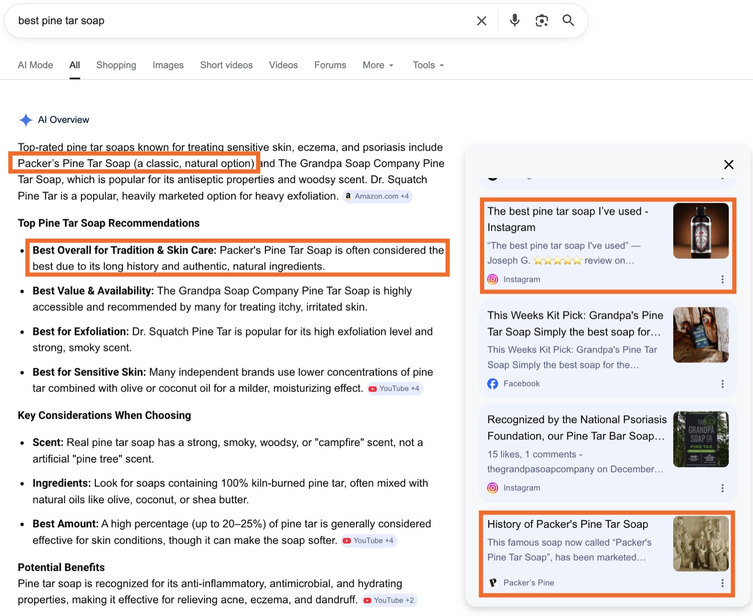 Google AI Overview for best pine tar soap naming Packer's Pine Tar Soap Best Overall for Tradition and Skin Care.