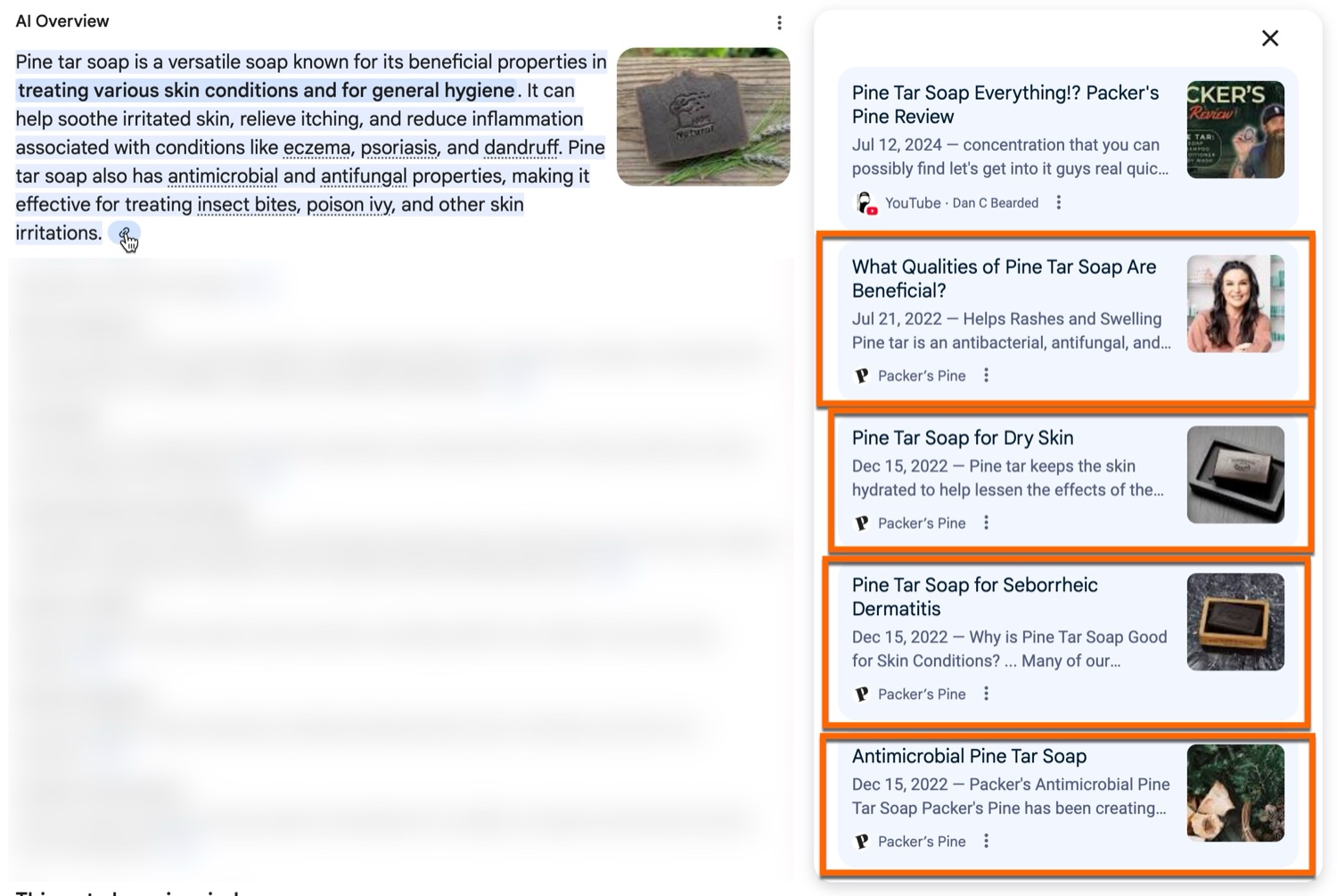 Google AI Overview for pine tar soap where four of the five cited sources are Packer's Pine content.