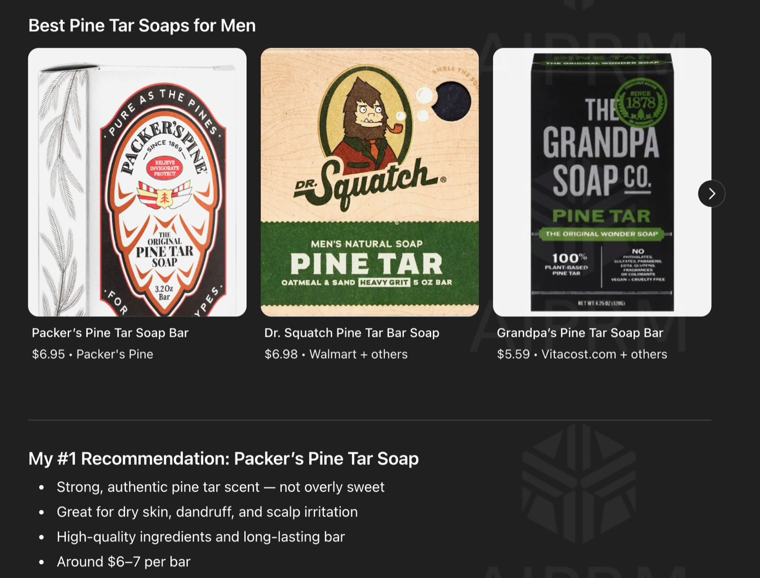 ChatGPT ranking Packer's Pine Tar Soap as the #1 and Best Overall pine tar soap recommendation for men, ahead of Dr. Squatch and Grandpa Soap.