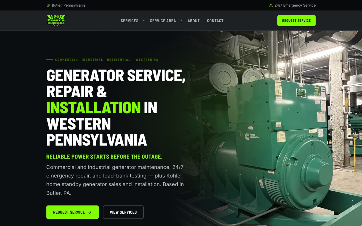 2G Power Solutions homepage on desktop: generator photo beside the headline Generator Service, Repair and Installation in Western Pennsylvania