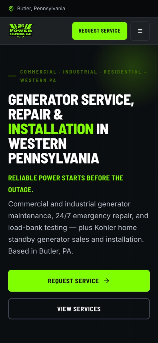 2G Power Solutions homepage on a phone