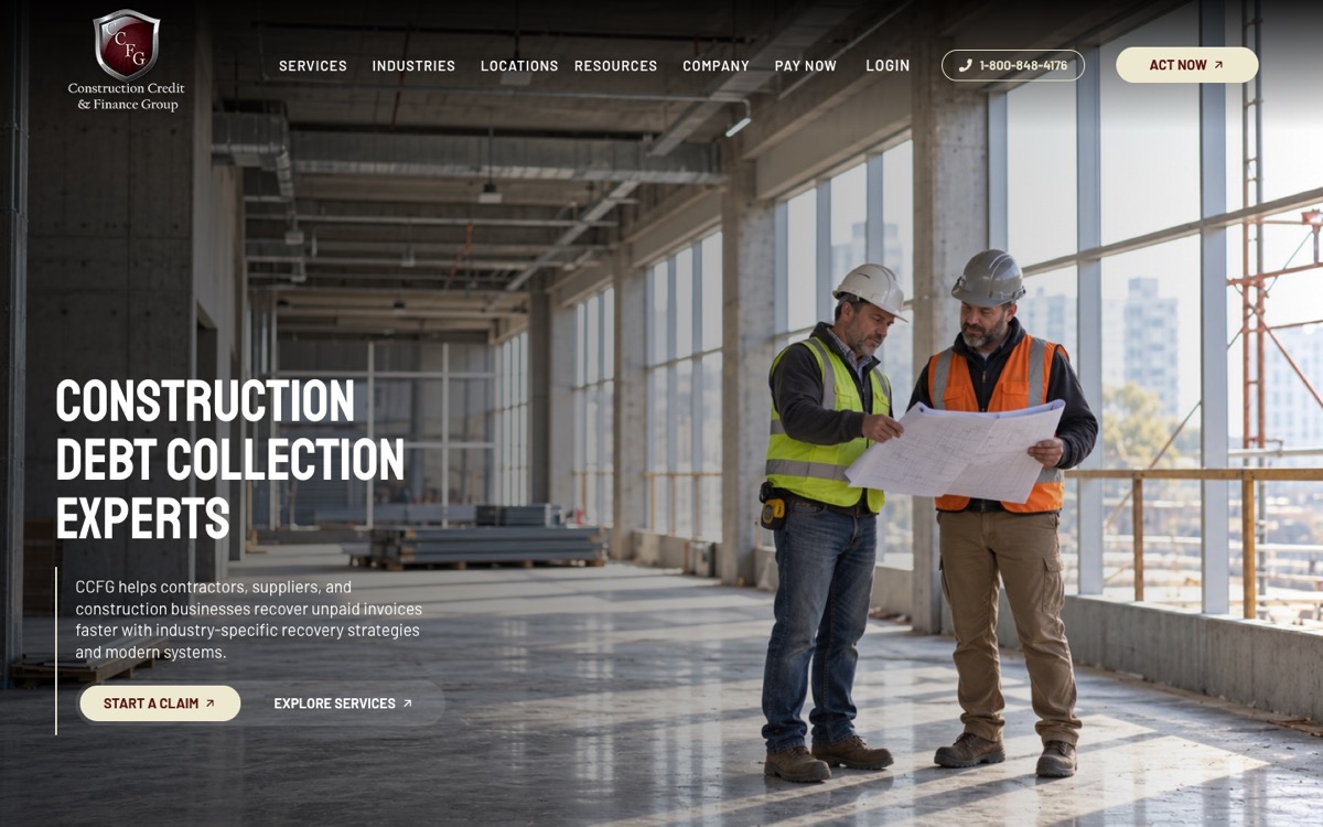 CCFG homepage on desktop: two contractors reviewing plans under the headline Construction Debt Collection Experts