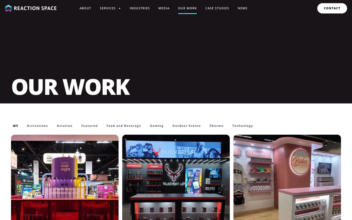 Reaction Space Our Work page with category filters and project cards