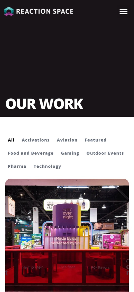 Our Work page on a phone with category filters