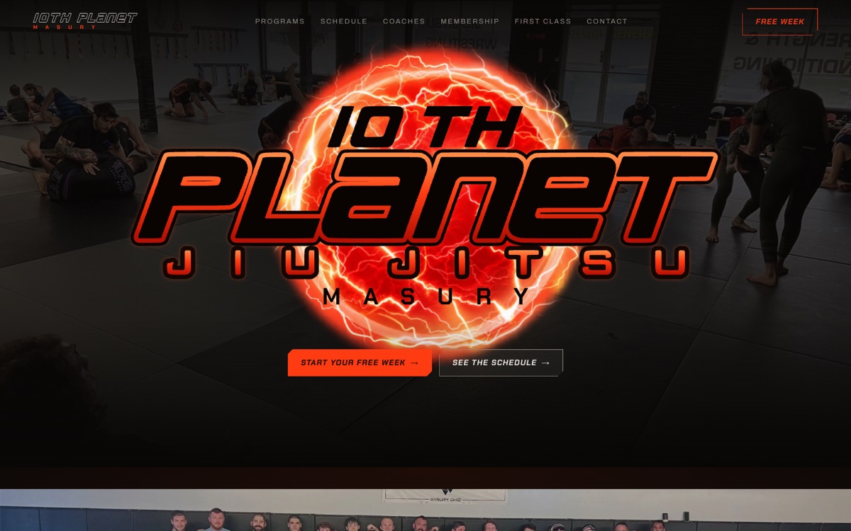 10th Planet Jiu Jitsu Masury homepage on desktop: the gym's glowing orb logo above Start Your Free Week and See the Schedule buttons