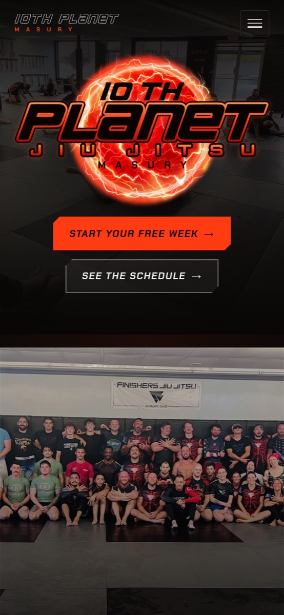 10th Planet Jiu Jitsu Masury homepage on a phone