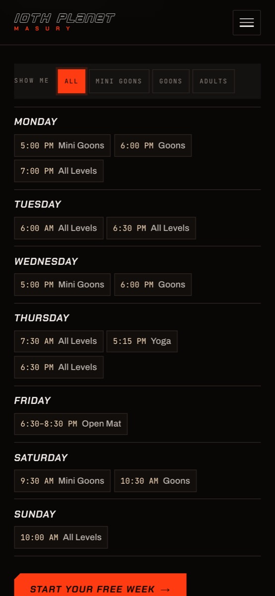 Class schedule with program filter on a phone